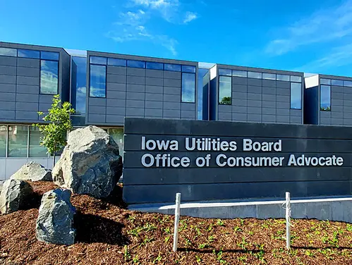 New signage outside the IUB-OCA building in Des Moines